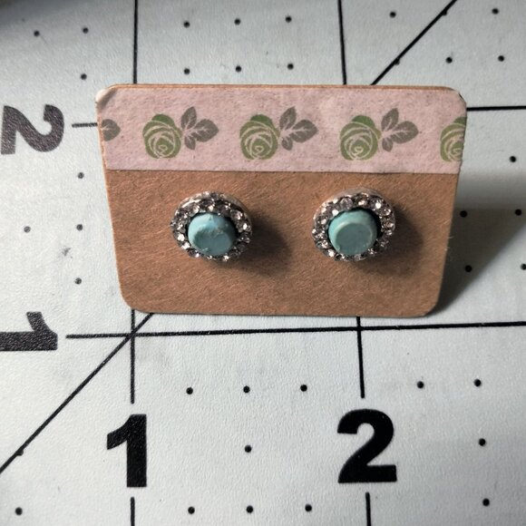 Turquoise Rhinestone Pierced Earrings  Round Stud Faux Stone - Picture 2 of 4
